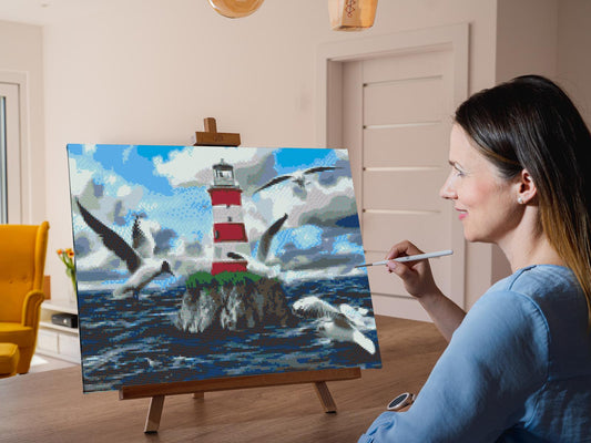 Diamond Painting - Hvid-Rødt Fyrtårn og Måger
