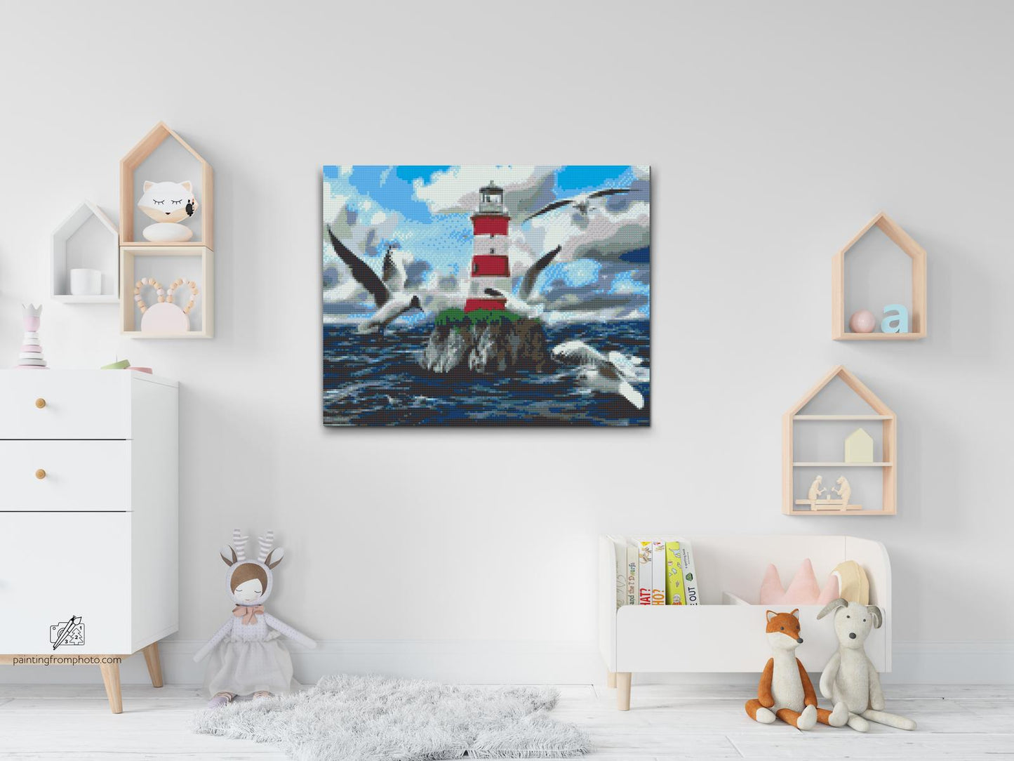 Diamond Painting - Hvid-Rødt Fyrtårn og Måger