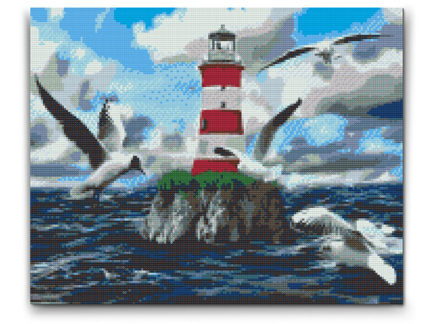 Diamond Painting - Hvid-Rødt Fyrtårn og Måger