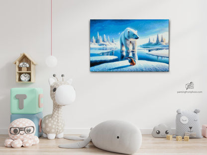 Diamond Painting - Bær med en isfugl i et snedækket landskab