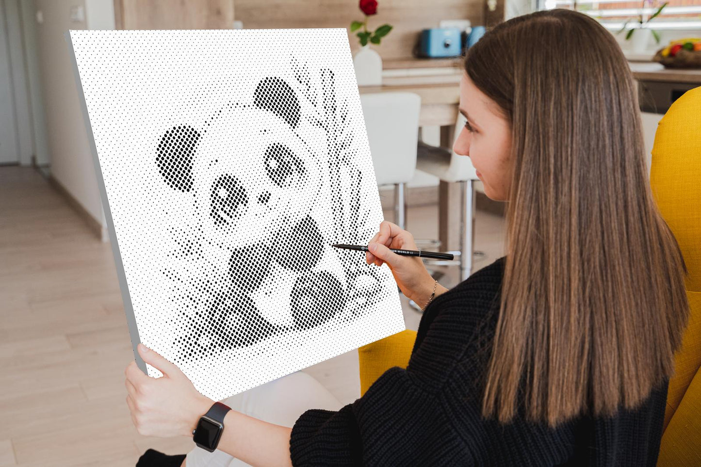 Mal-med-prikker -  Panda med Store Øjne