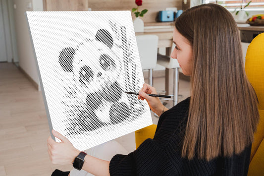 Mal-med-prikker -  Panda med Store Øjne