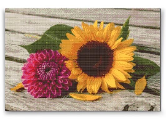 Diamond Painting - Solsikke og lyserød dahlia