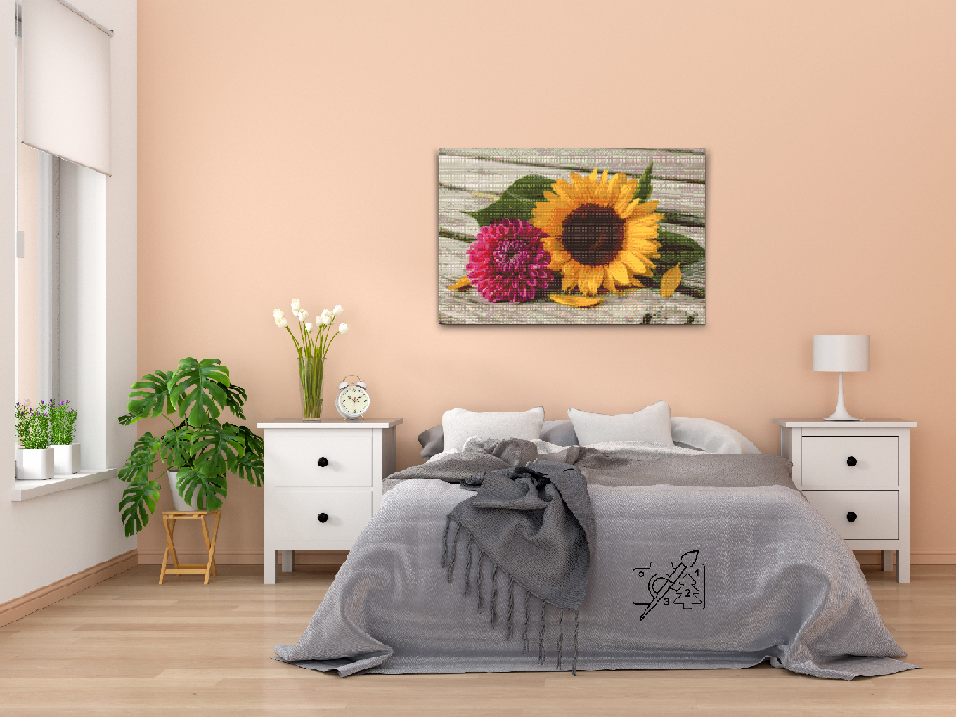 Diamond Painting - Solsikke og lyserød dahlia