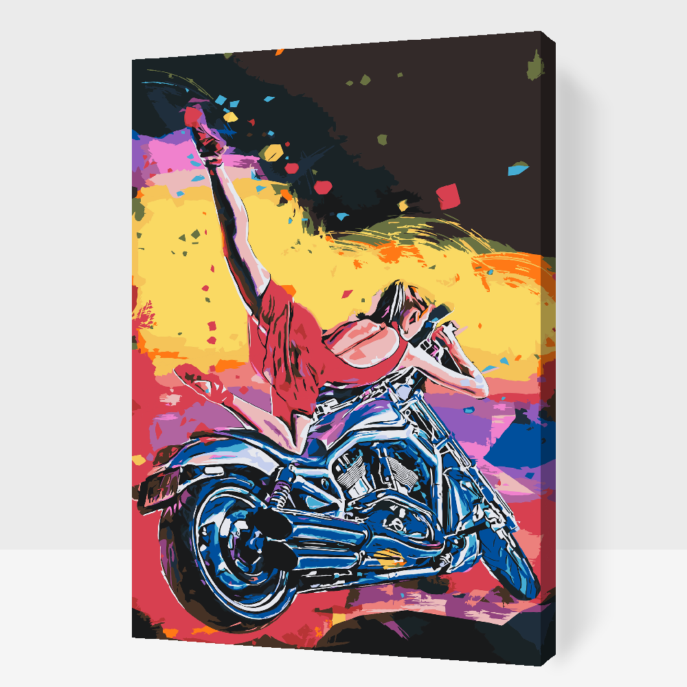 Paint by Numbers - Damen i rødt på motorcykel