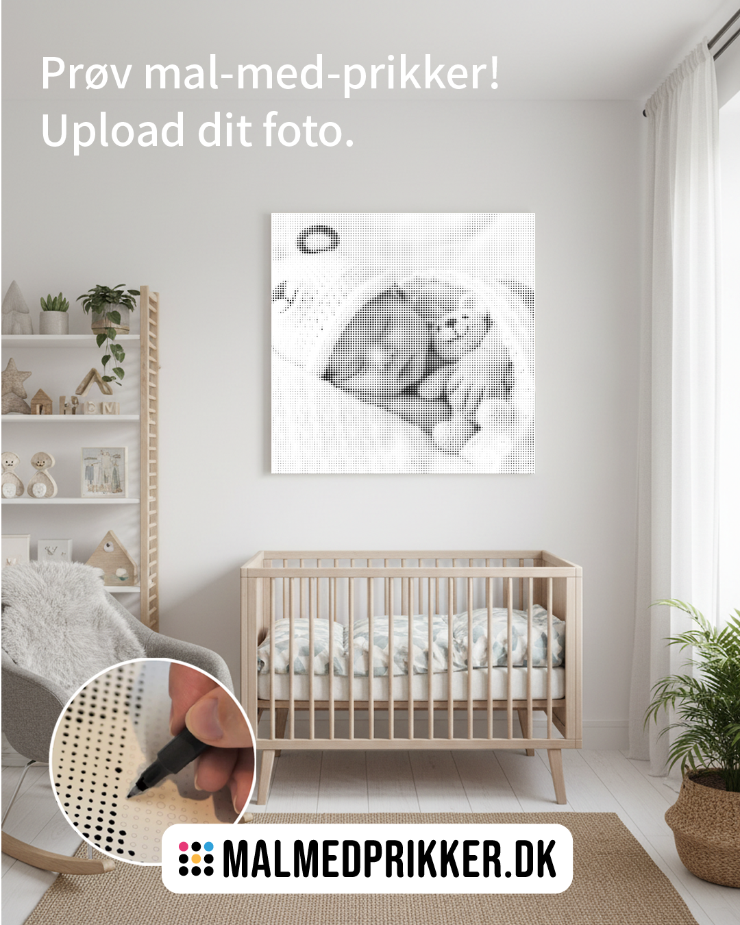 Malmedprikker eget foto lærred på væg med baby der holder bamse