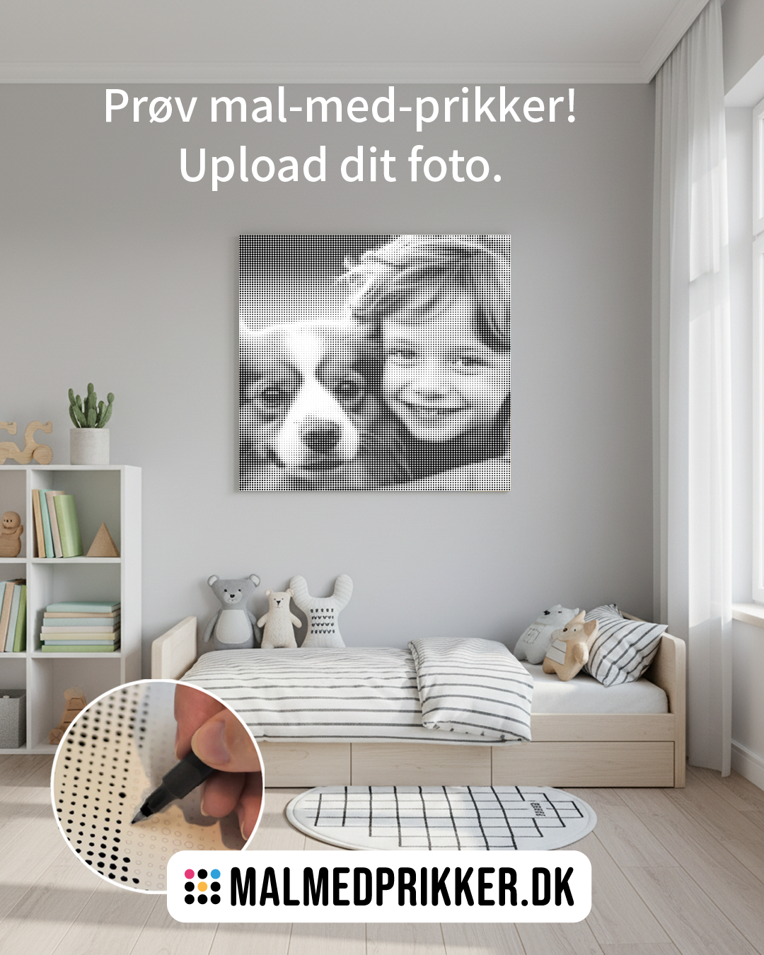 Malmedprikker eget foto lærred på væg med dreng og hund