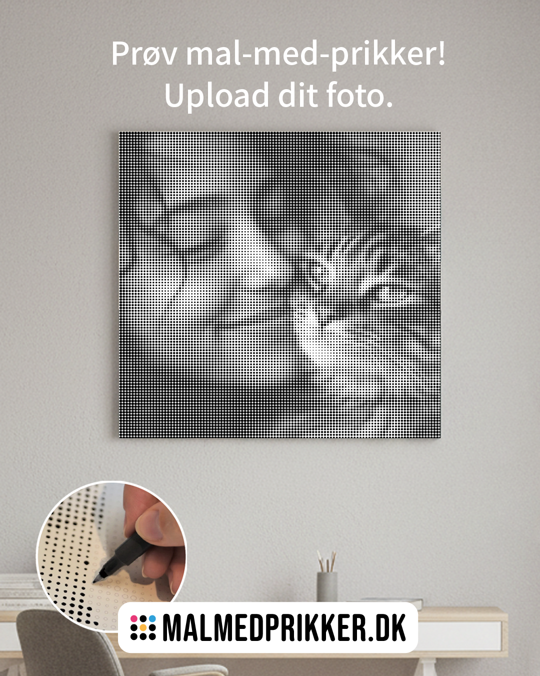 Malmedprikker eget foto lærred på væg med kvinde og kat
