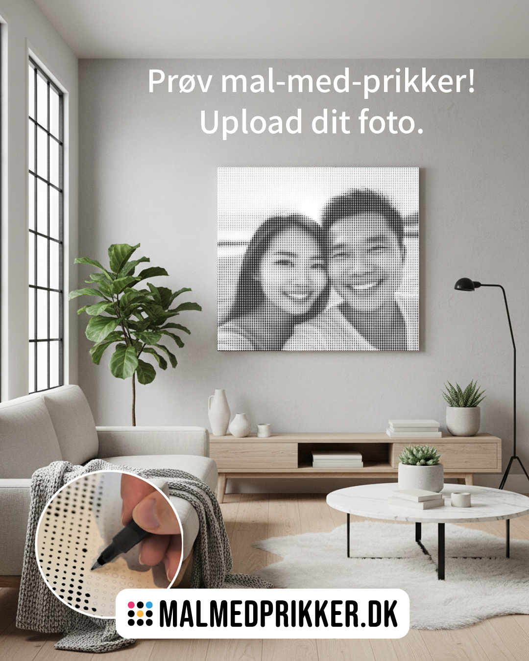 Malmedprikker eget foto lærred på væg med par på strand