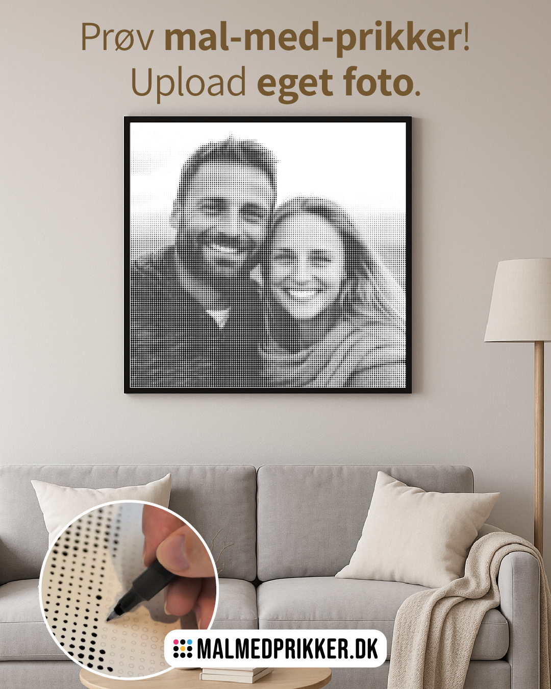 Malmedprikker eget foto lærred på væg med smilende par