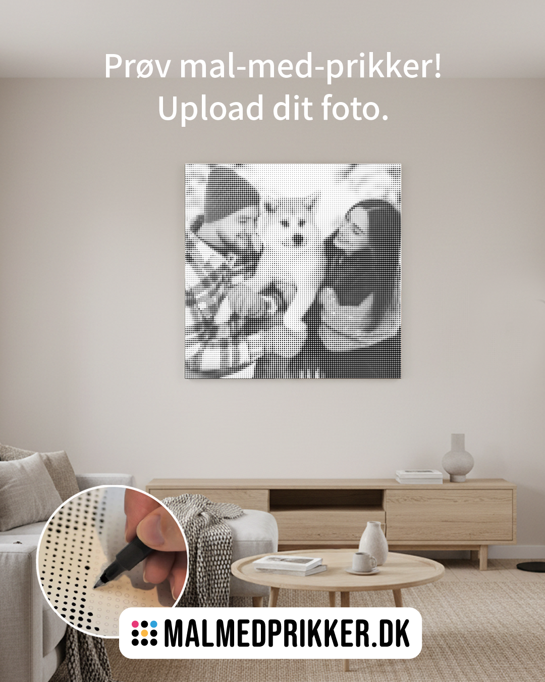 Malmedprikker eget foto lærred på væg med par sammen med hund