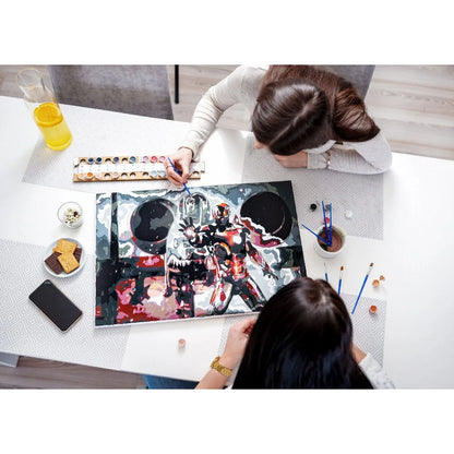 Paint by number - Genskab dit foto med et maleri - to kvinder laver paint by numbers